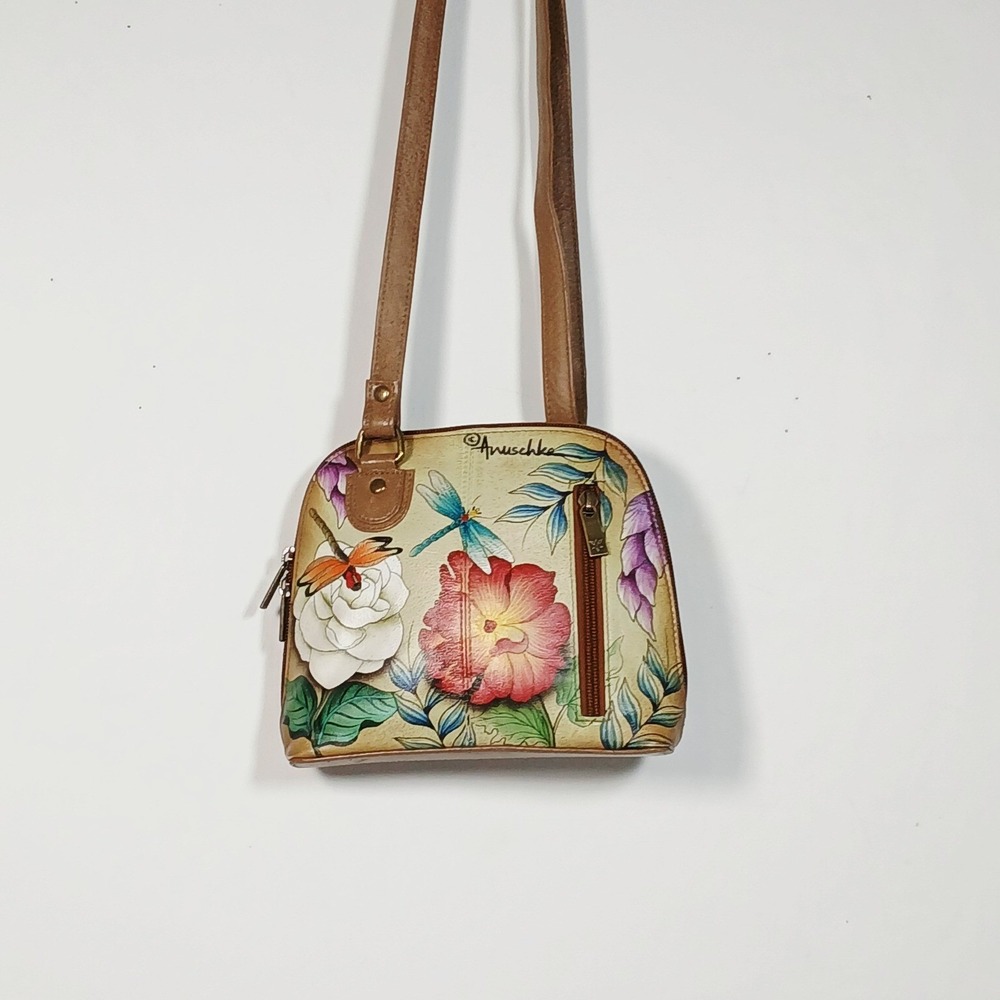 Anuschka Hand Painted Leather Floral Dragonfly Crossbody Bag Tan Small - Picture 15 of 15